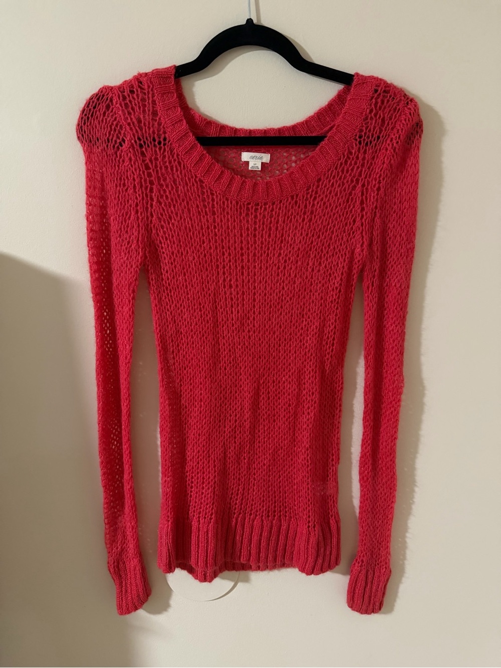 aerie open-knit scoop neck sweater in bright coral pink